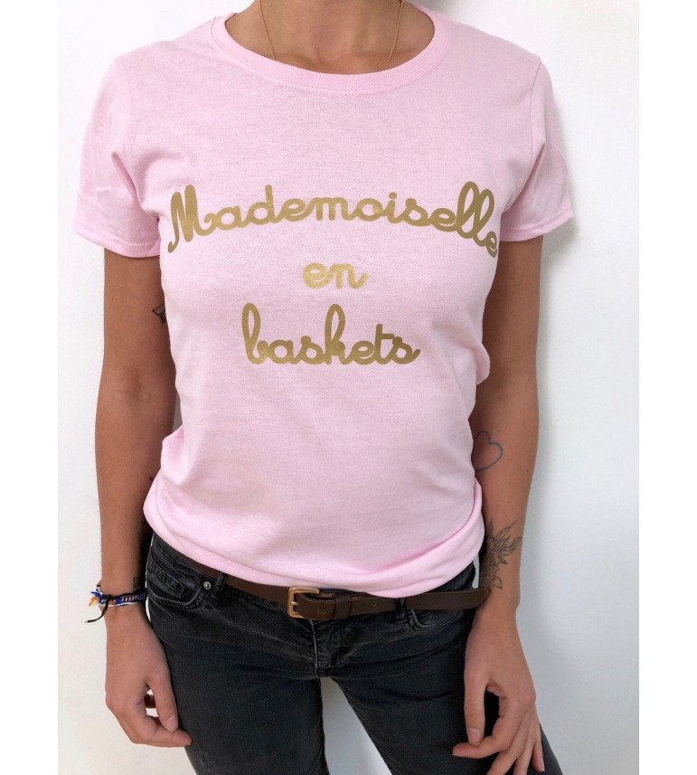 T-Shirt Femme Mademoiselle En Baskets Doré|100% Coton| S.M.L.XL.XXL|Imprimé  en France|Livraison rapide