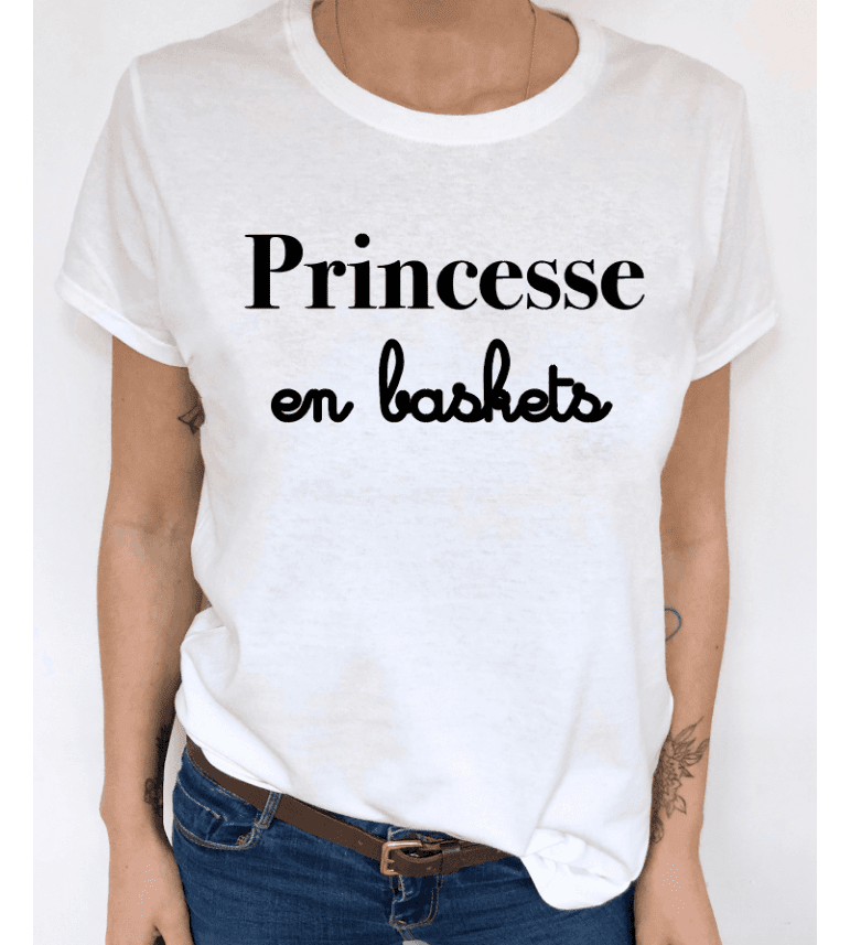 T-Shirt Femme Blanc Princesse En Baskets|100% Coton| S.M.L.XL.XXL|Imprimé  en France|Livraison rapide